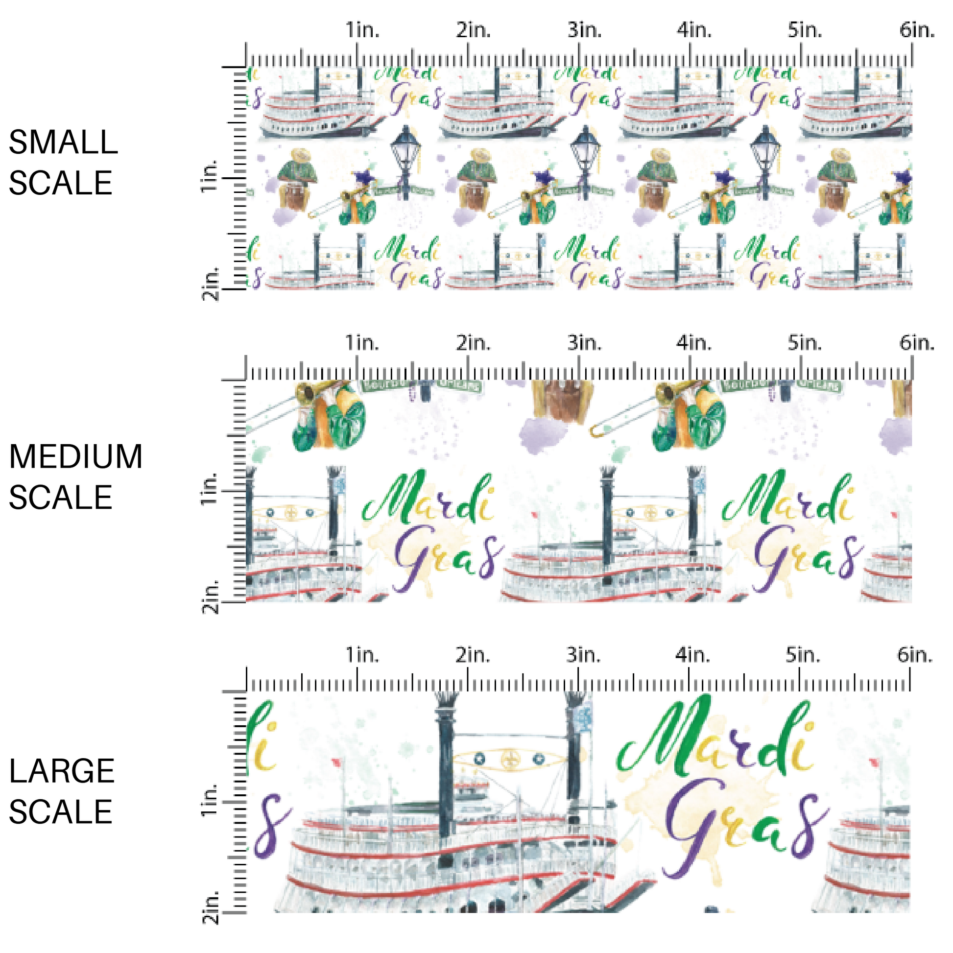 scaled image of the mardi gras riverboat pattern fabric by the yard