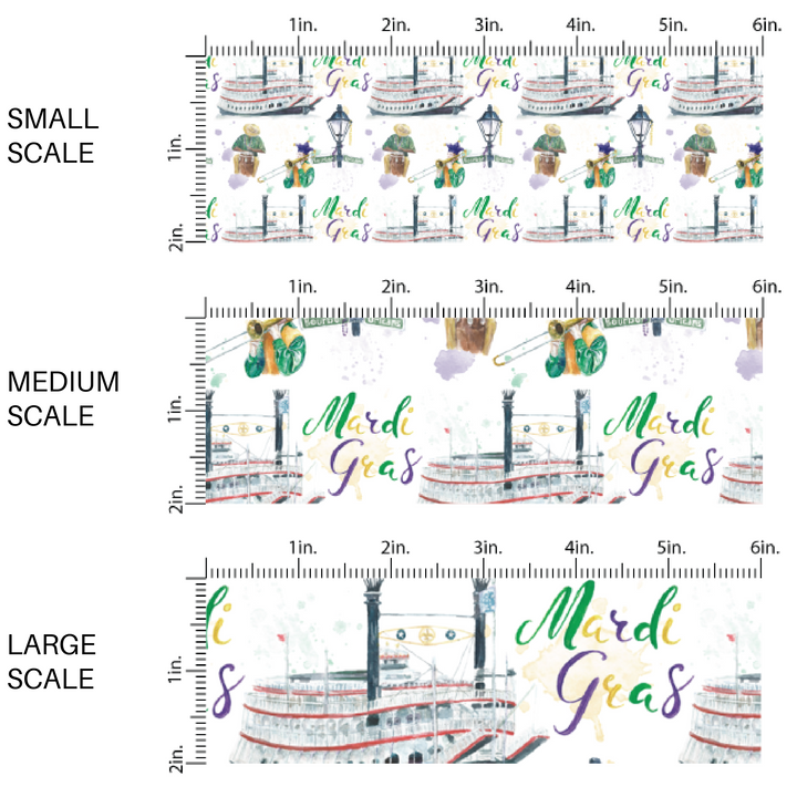 scaled image of the mardi gras riverboat pattern fabric by the yard