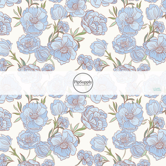 White Florals on Blue Fabric by the Yard.