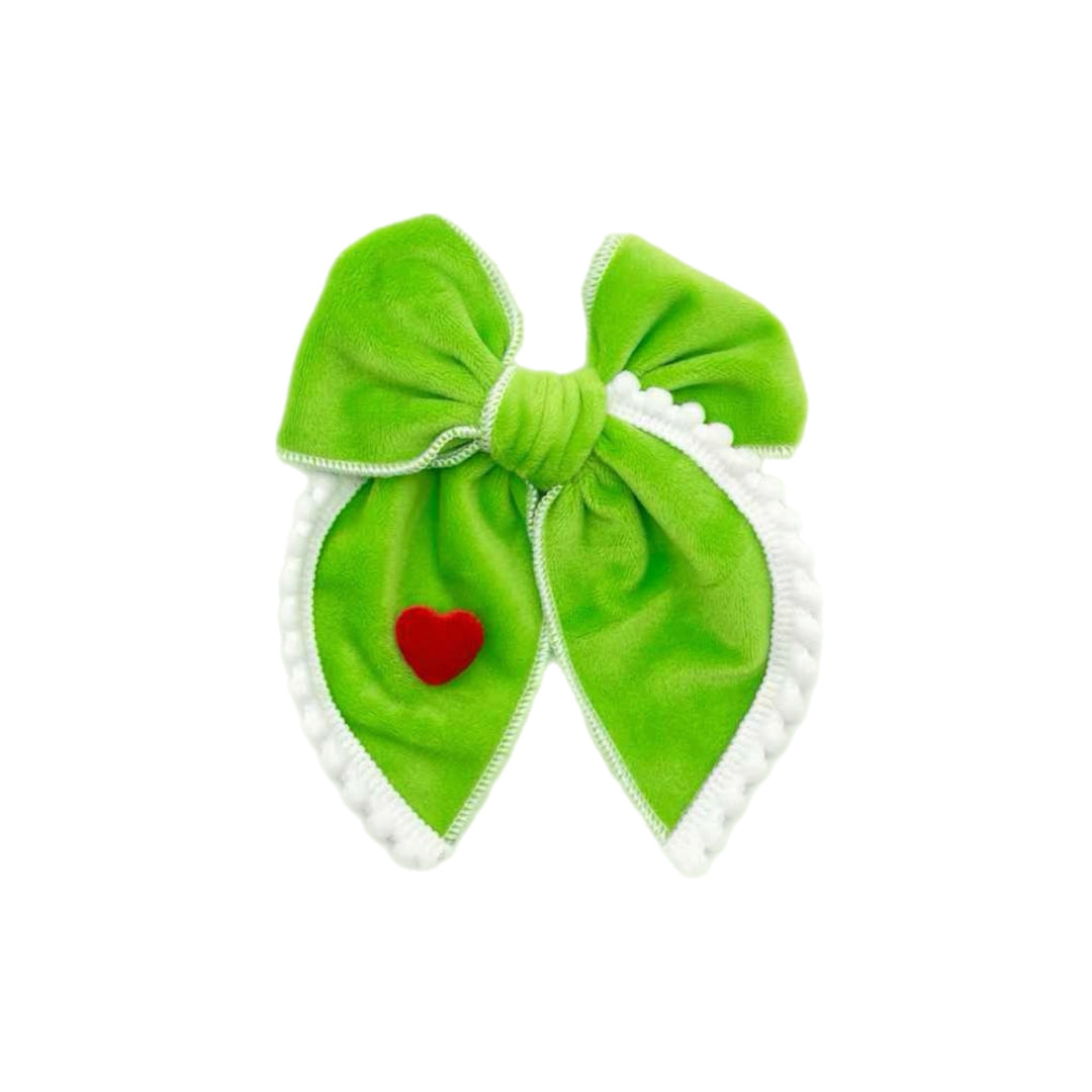 Mean Green Velvet Pearl Pom Trim Hair Bow TIED With Clip