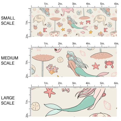 This scale chart of small scale, medium scale, and large scale of this tropical fabric by the yard features mermaids and beach treasure. This fun themed fabric can be used for all your sewing and crafting needs!