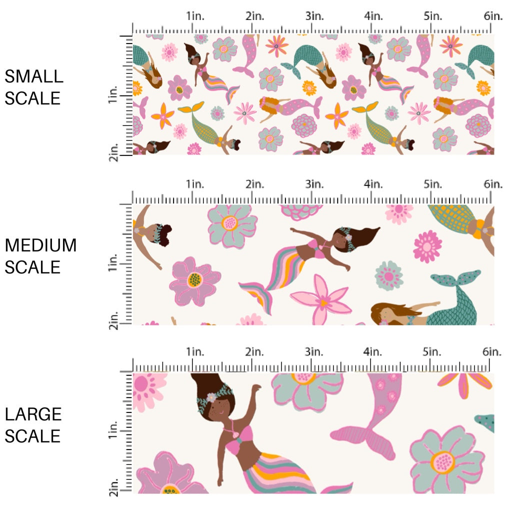 This scale chart of small scale, medium scale, and large scale of this tropical fabric by the yard features mermaids and flowers. This fun themed fabric can be used for all your sewing and crafting needs!