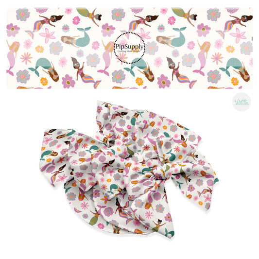 These tropical themed no sew bow strips can be easily tied and attached to a clip for a finished hair bow. These patterned bow strips are great for personal use or to sell. These bow strips feature mermaid and flowers.