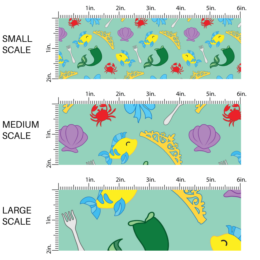 Aqua blue fabric by the yard scaled image guide with mermaid tails, fish, crabs, and tiaras.