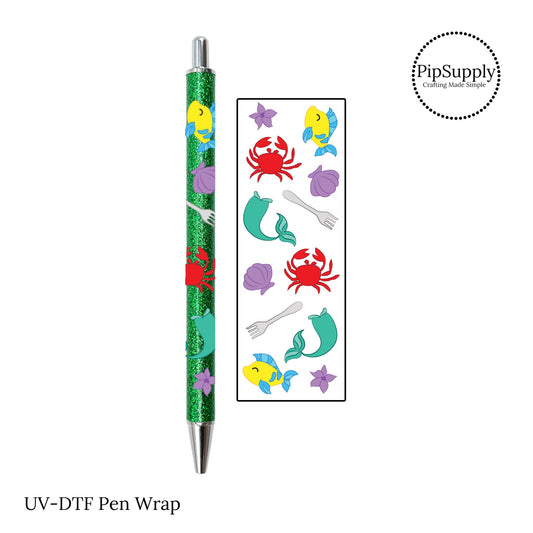Mermaid tails, seashells, fish, and crab themed UV DTF adhesive pen wraps.