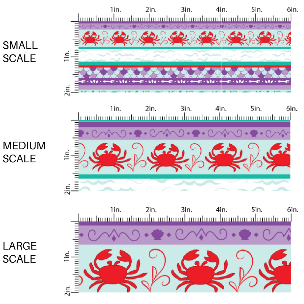 Purple, aqua, and teal striped fabric by the yard scaled image guide with ocean waves, crabs, and other sea elements.