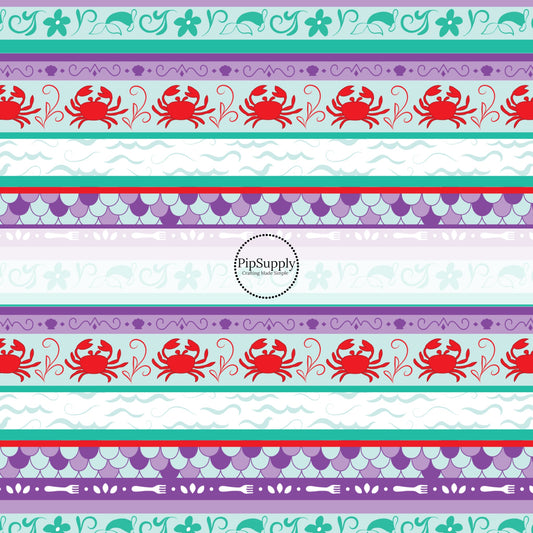 Purple, aqua, and teal striped fabric by the yard with ocean waves, crabs, and other sea elements.