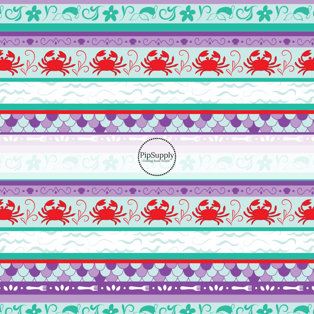 Purple, aqua, and teal striped fabric by the yard with ocean waves, crabs, and other sea elements.