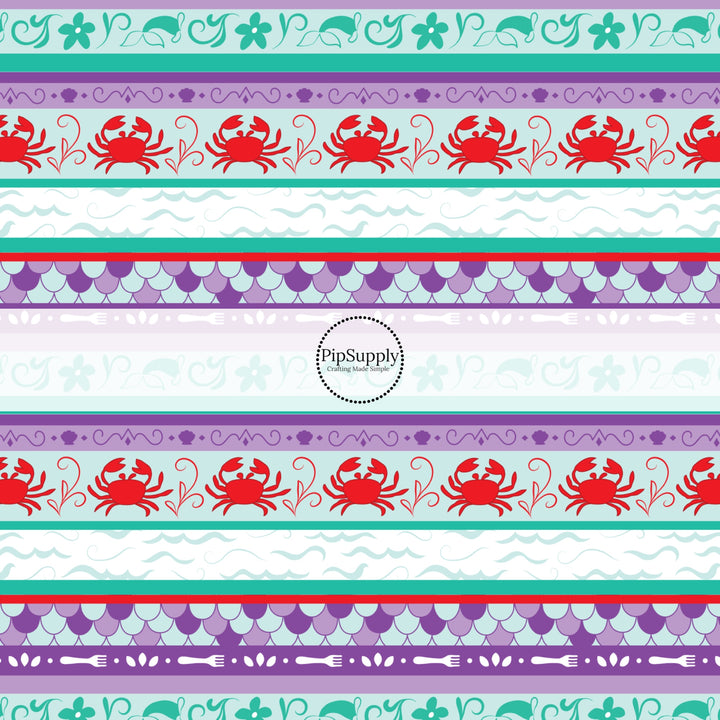 Purple, aqua, and teal striped fabric by the yard with ocean waves, crabs, and other sea elements.