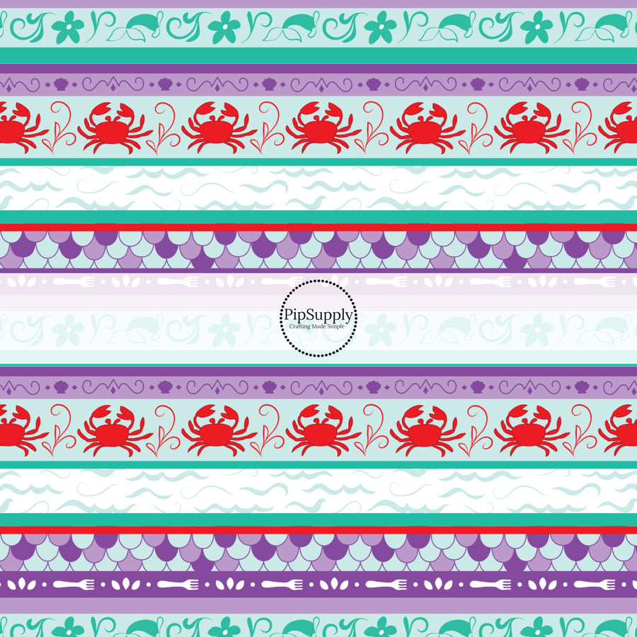 Purple, aqua, and teal striped fabric by the yard with ocean waves, crabs, and other sea elements.