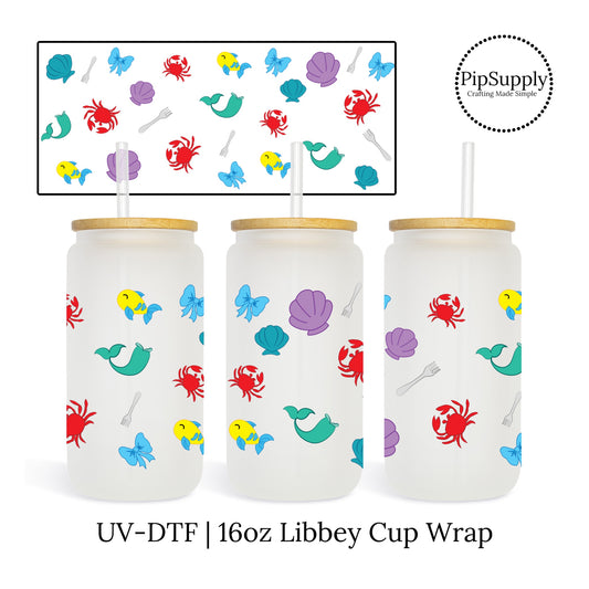 16 oz. Libbey Cup wraps with mermaid tails, crabs, and seashells.