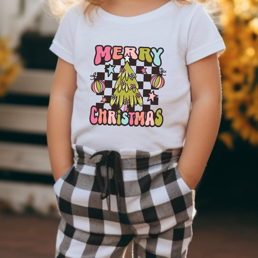 Colorful Floral Christmas tree and the phrase "Merry Christmas" iron on heat transfer.