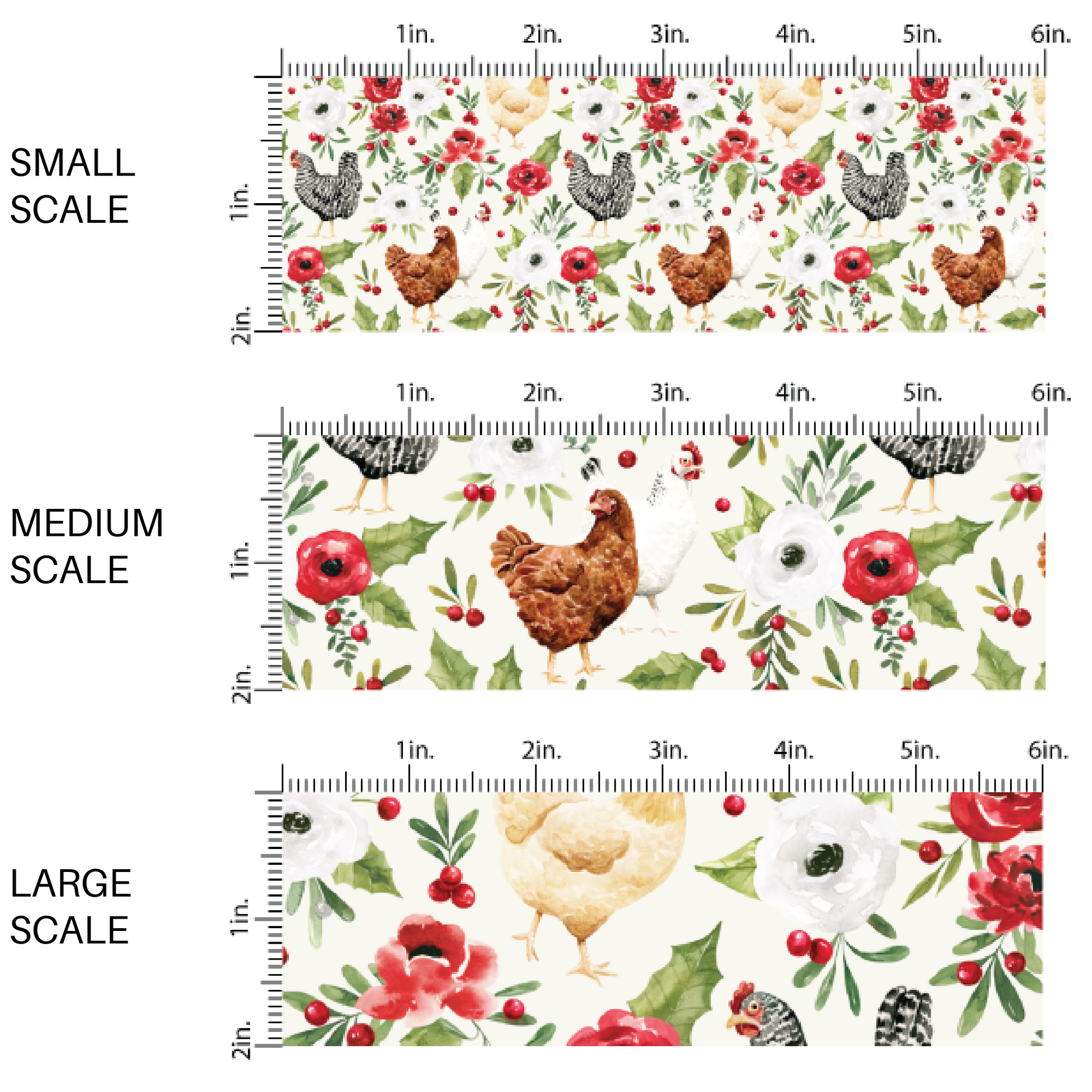 Brown and Cream chickens and Red and white florals on white fabric by the yard scaled image guide.