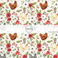 Brown and Cream chickens and Red and white florals on white fabric by the yard.