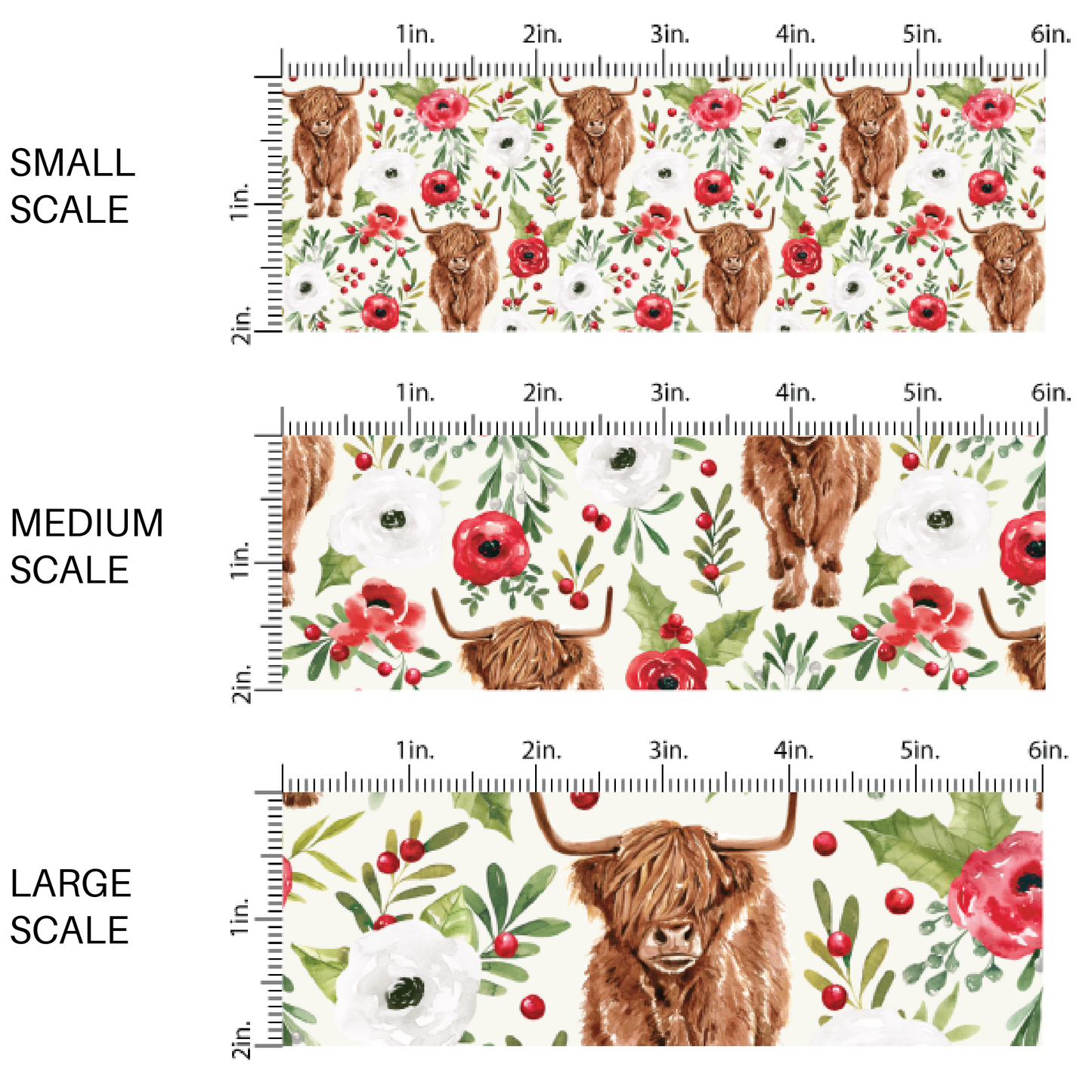 Florals and highland cows on white fabric by the yard scaled image guide.
