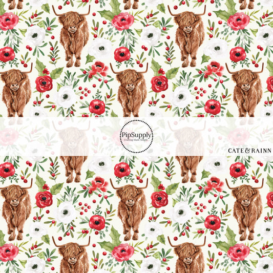Florals and highland cows on white fabric by the yard.