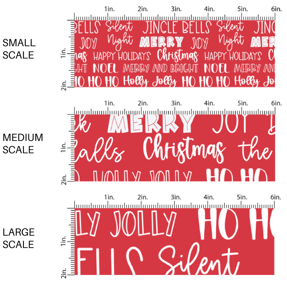 Red fabric by the yard scaled image guide with white font Christmas sayings.