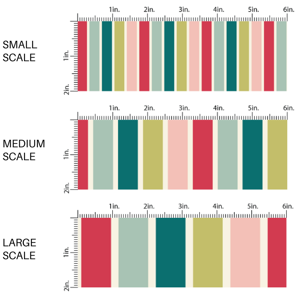 This scale chart of small scale, medium scale, and large scale of these holiday pattern themed fabric by the yard features light pink, green, teal, and red stripes. This fun Christmas fabric can be used for all your sewing and crafting needs!