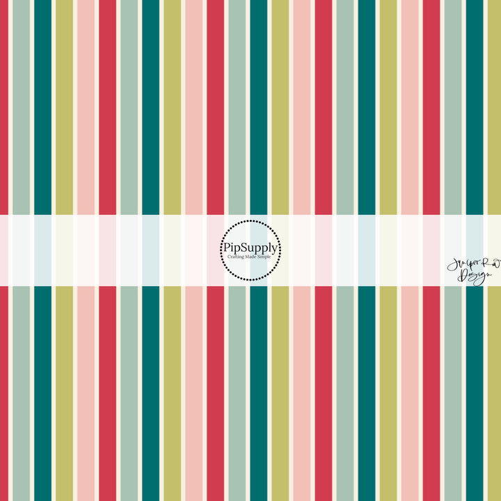 These holiday pattern themed fabric by the yard features light pink, green, teal, and red stripes. This fun Christmas fabric can be used for all your sewing and crafting needs!