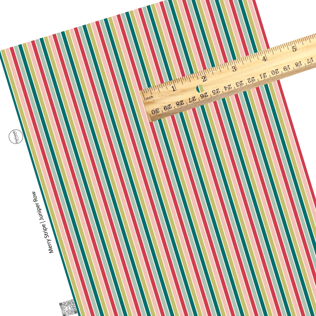 These holiday themed faux leather sheets contain the following design elements: light pink, green, teal, and red stripes. Our CPSIA compliant faux leather sheets or rolls can be used for all types of crafting projects.