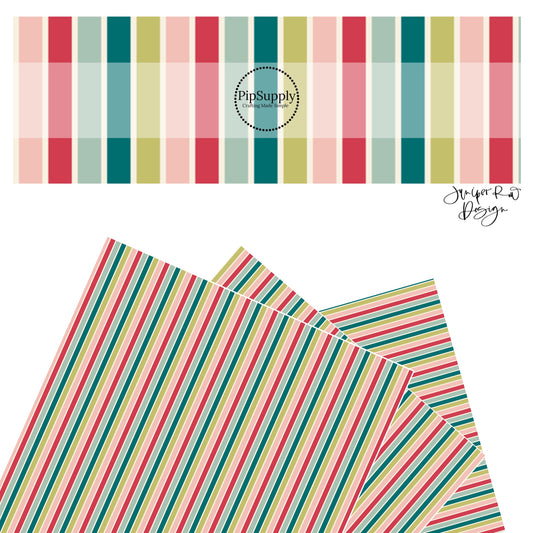 These holiday themed faux leather sheets contain the following design elements: light pink, green, teal, and red stripes. Our CPSIA compliant faux leather sheets or rolls can be used for all types of crafting projects.