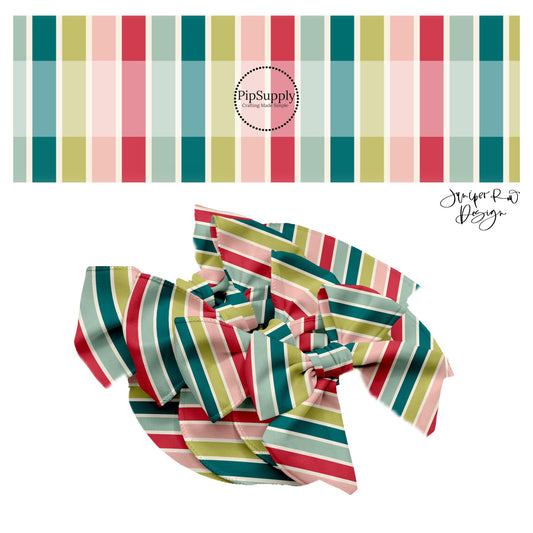 These holiday pattern themed no sew bow strips can be easily tied and attached to a clip for a finished hair bow. These Christmas bow strips are great for personal use or to sell. The bow strips features light pink, green, teal, and red stripes. 
