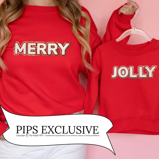 Words Merry and Jolly made of white, red a gold on an iron on chenille patch