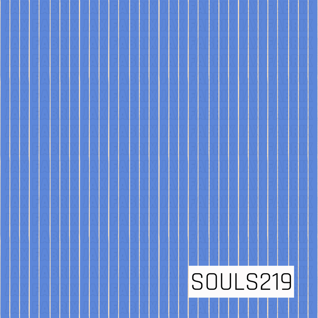 A simple retro pinstripe pattern featuring thin, slightly imperfect cream vertical lines over a bright periwinkle blue background. The stripes alternate subtly in spacing and thickness, giving the design a hand-drawn, vintage feel rather than a perfectly uniform geometric look.