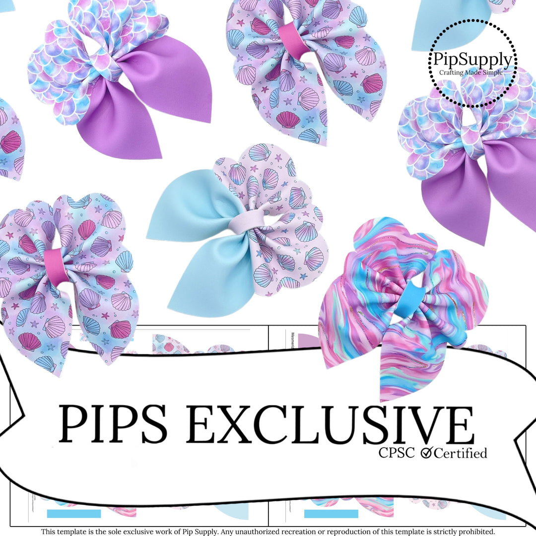 pink purple and aqua mermaid scales, shells and marble patterns on faux leather hair bows