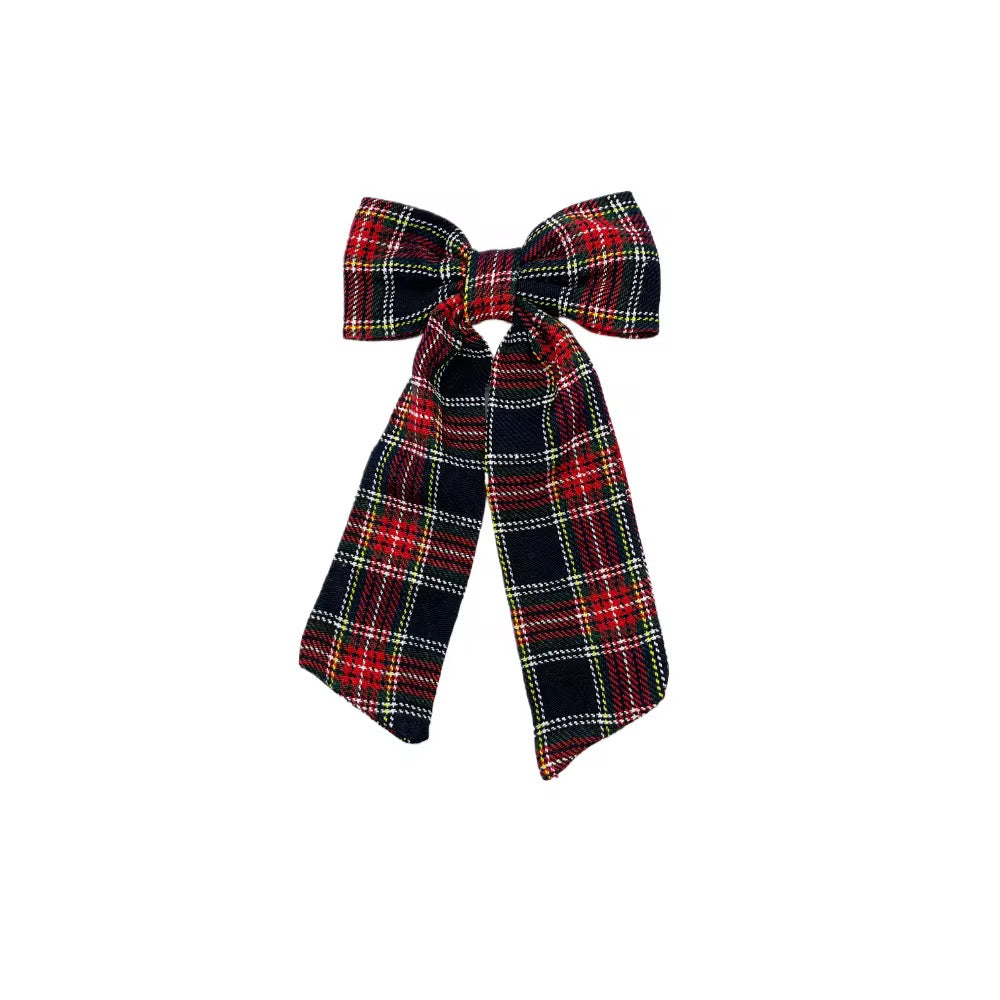 Midnight Christmas Plaid LONG TAIL Hair Bow w/ Clip