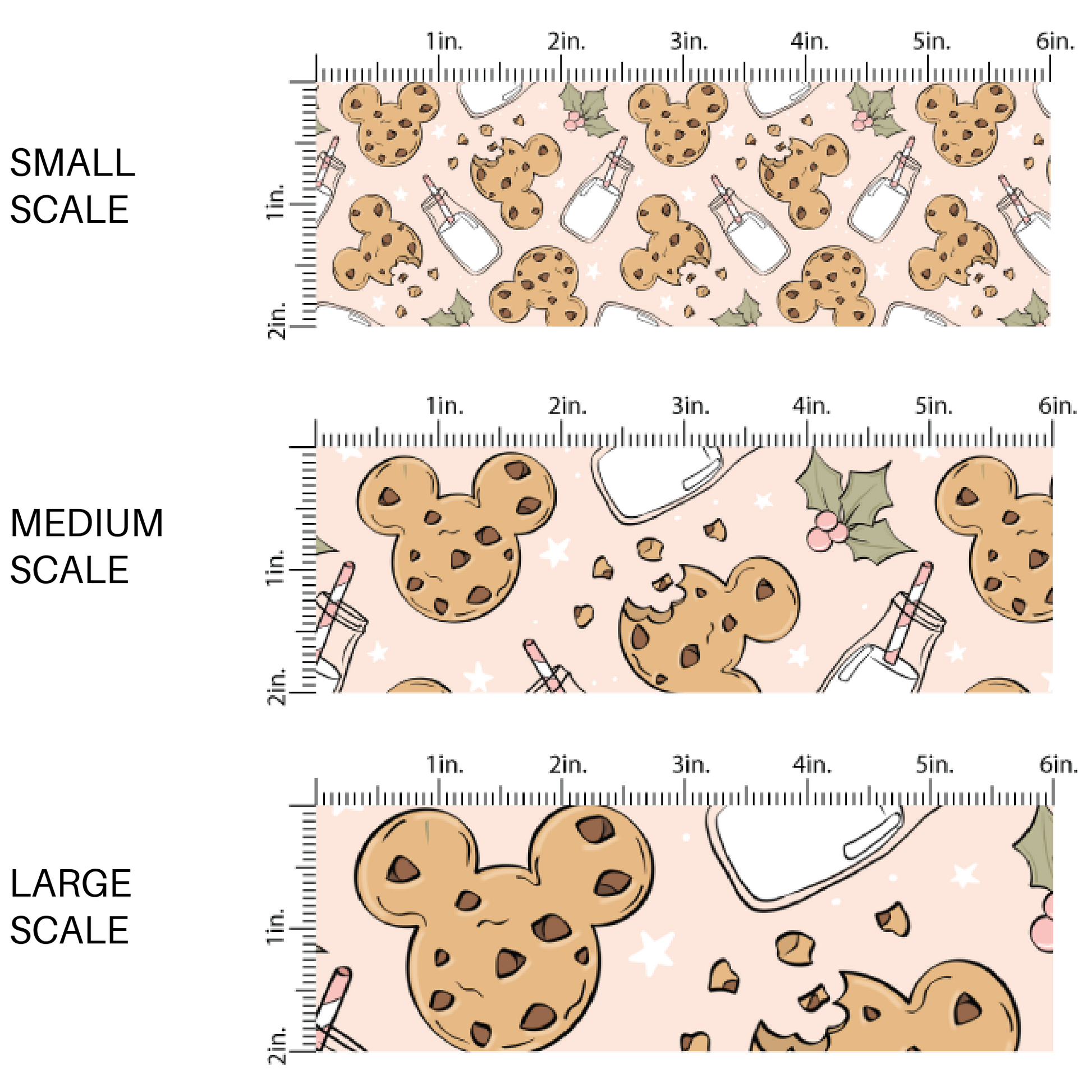 Light pink fabric by the yard scaled image guide with white stars, mouse shaped cookies, glasses of milk, holly leaves, and white stars.