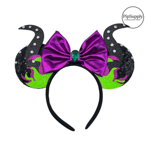 These movie inspired mouse ear headbands are a stylish hair accessory. These comfortable headbands have an attached purple bow and black glitter mouse ears. Along with rhinestones and horn embellishment. This hair accessory comes completely assembled and is great for park vacations, costumes or for everyday wear!