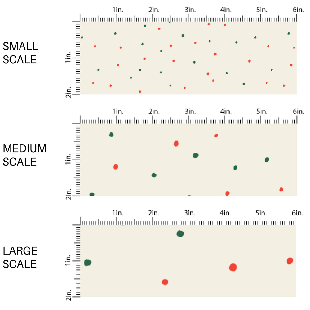 Cream fabric by the yard scaled image guide with red and green speckled dots.