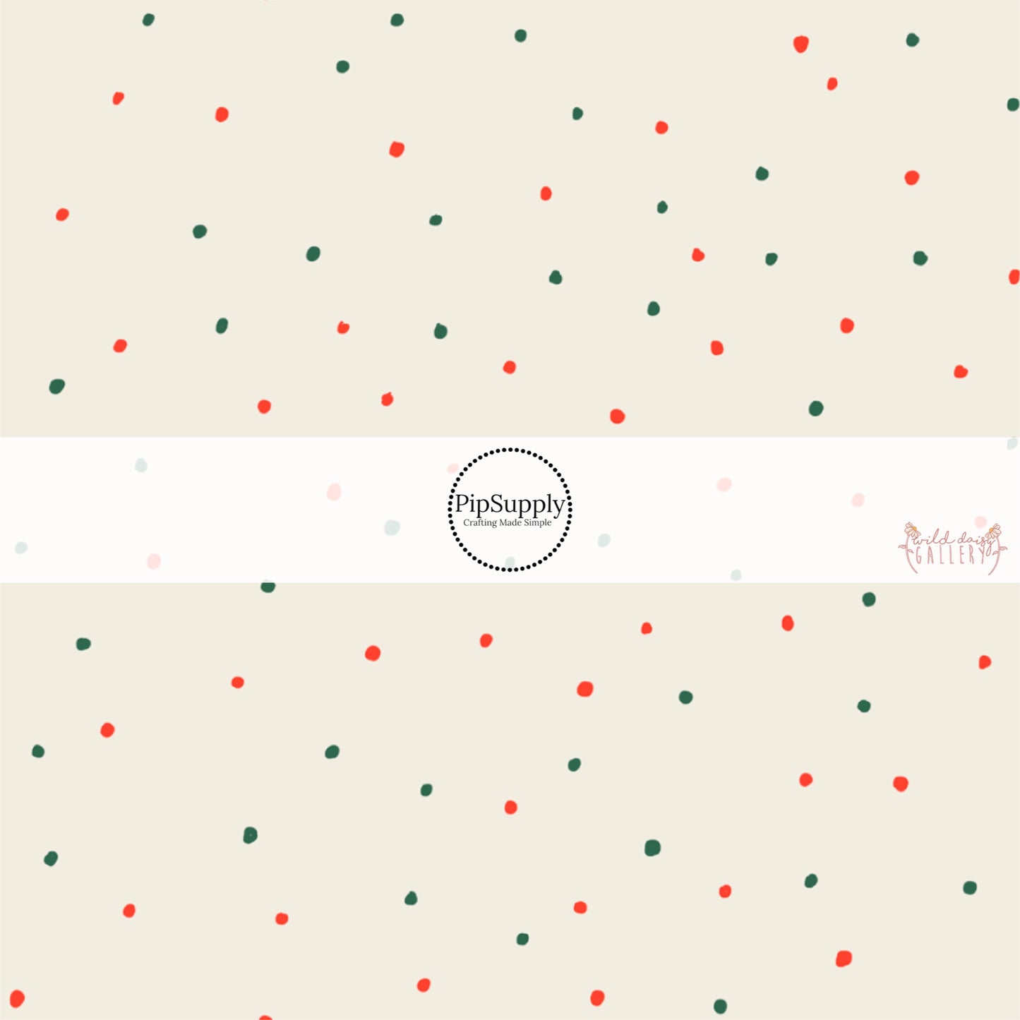 Cream fabric by the yard with red and green speckled dots.