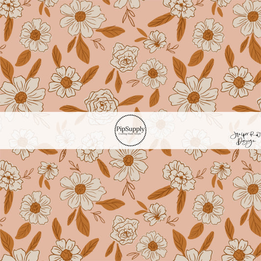Cream Florals on Peachy Pink Fabric by the Yard.