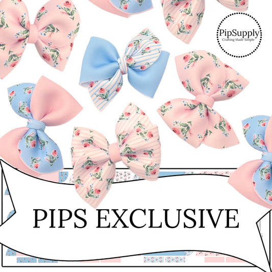 blue and pink striped roses on neoprene hand cut hair bows