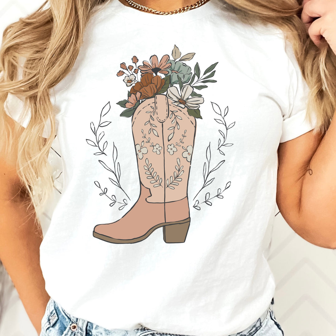 This cowgirl boot with hand drawn flowers iron on transfer is a great way to add full color designs to your garments without the hassle of weeding vinyl. Add a floral spring and summer color print to your creation! They are ready to press transfers and easy to use!