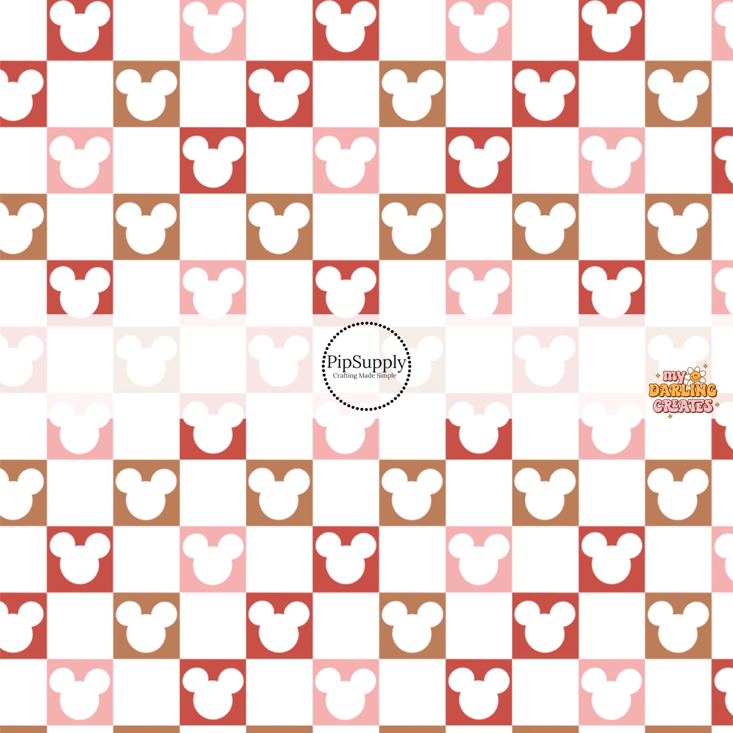 White fabric by the yard with a pink, red, and brown mouse print checkered print.