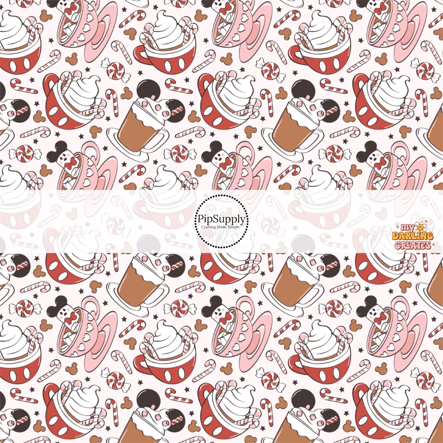 Mouse ear hot cocoa and holiday drinks on cream fabric by the yard.