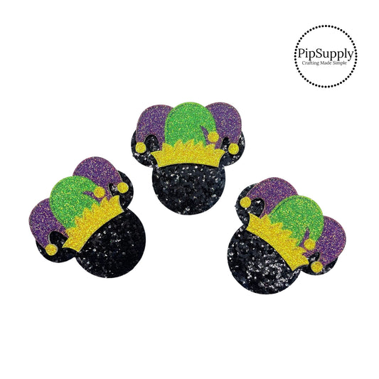 black glitter mouse ears with mardi gras hat