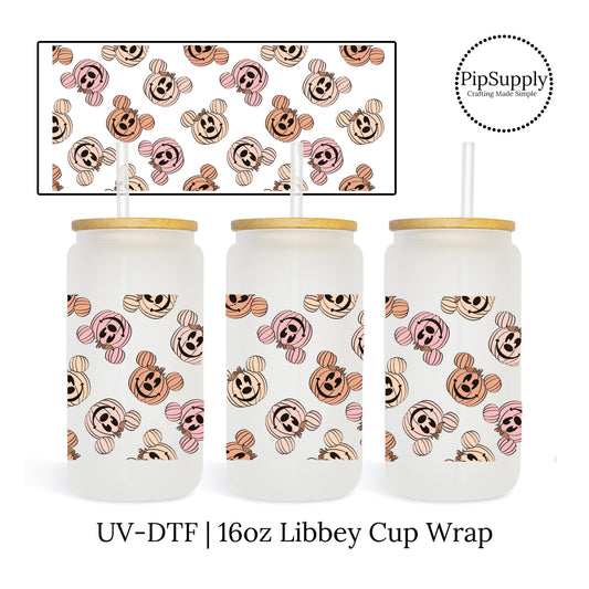 Pink, cream , and orange mouse jack-o-lantern UV DTF 16 oz. Libbey cup adhesive wrap.
