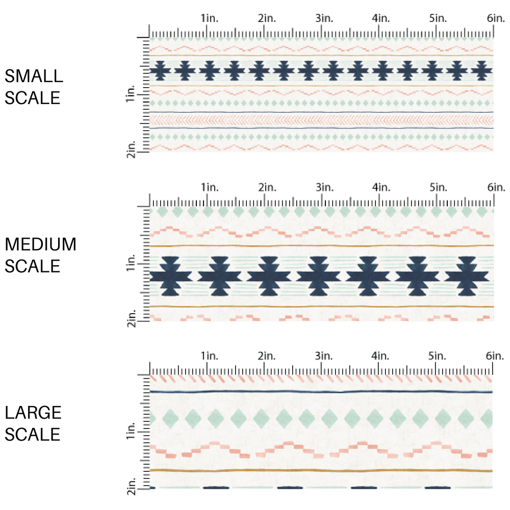 This scale chart of small scale, medium scale, and large scale of these boho stripe pattern themed fabric by the yard features multi boho tribal stripe pattern. This fun pattern fabric can be used for all your sewing and crafting needs!