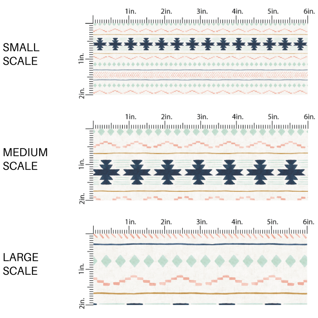 This scale chart of small scale, medium scale, and large scale of these boho stripe pattern themed fabric by the yard features multi boho tribal stripe pattern. This fun pattern fabric can be used for all your sewing and crafting needs!