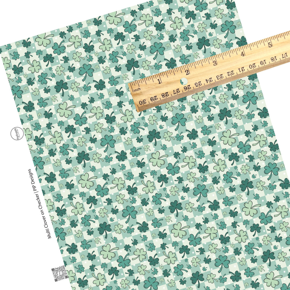 These St. Patrick's Day pattern themed faux leather sheets contain the following design elements: light green and dark green clovers on a cream and green checkered pattern. Our CPSIA compliant faux leather sheets or rolls can be used for all types of crafting projects.