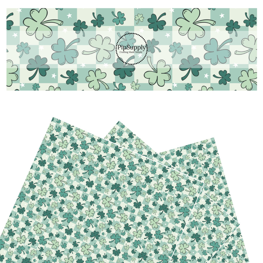 These St. Patrick's Day pattern themed faux leather sheets contain the following design elements: light green and dark green clovers on a cream and green checkered pattern. Our CPSIA compliant faux leather sheets or rolls can be used for all types of crafting projects.