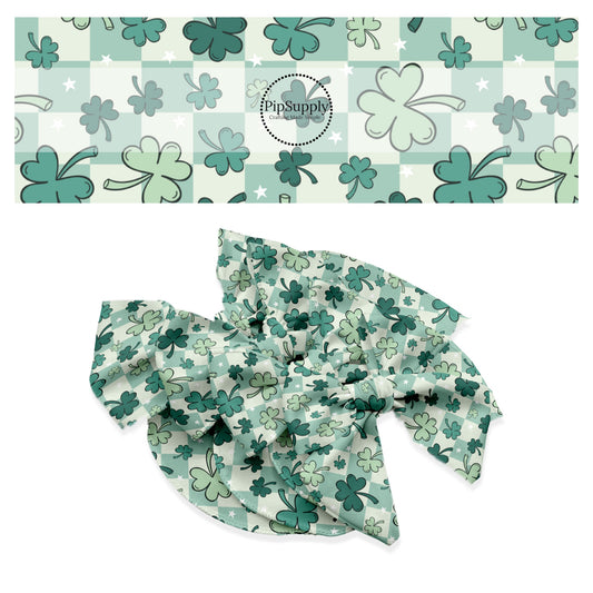 These St. Patrick's Day pattern themed no sew bow strips can be easily tied and attached to a clip for a finished hair bow. These patterned bow strips are great for personal use or to sell. These bow strips features light green and dark green clovers on a cream and green checkered pattern.