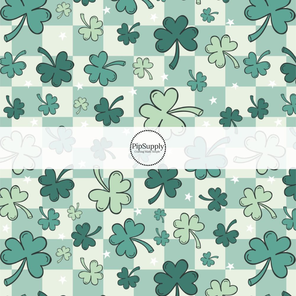 These St. Patrick's Day pattern themed no sew bow strips can be easily tied and attached to a clip for a finished hair bow. These patterned bow strips are great for personal use or to sell. These bow strips features light green and dark green clovers on a cream and green checkered pattern.