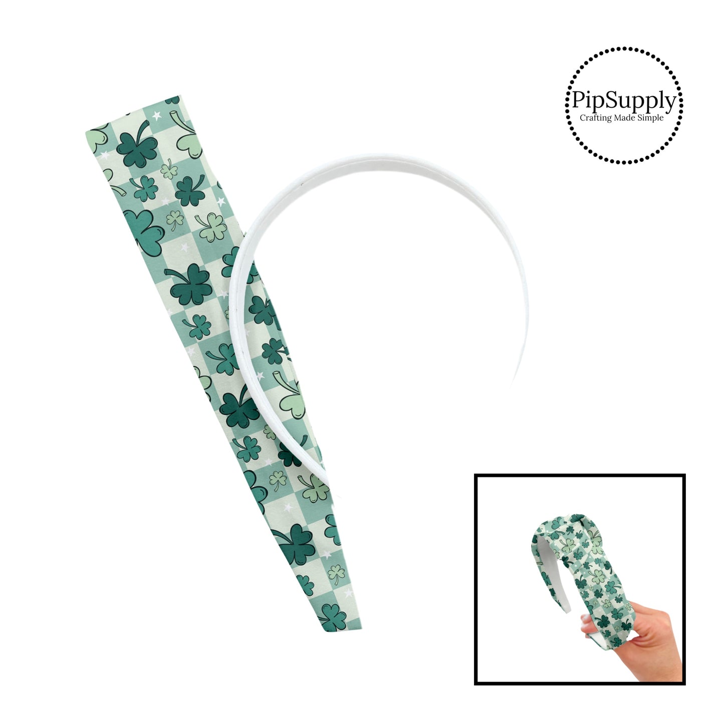 These patterned headband kits are easy to assemble and come with everything you need to make your own knotted headband. These St. Patrick's Day kits include a custom printed and sewn fabric strip and a coordinating velvet headband. This cute pattern features light green and dark green clovers on a cream and green checkered pattern.