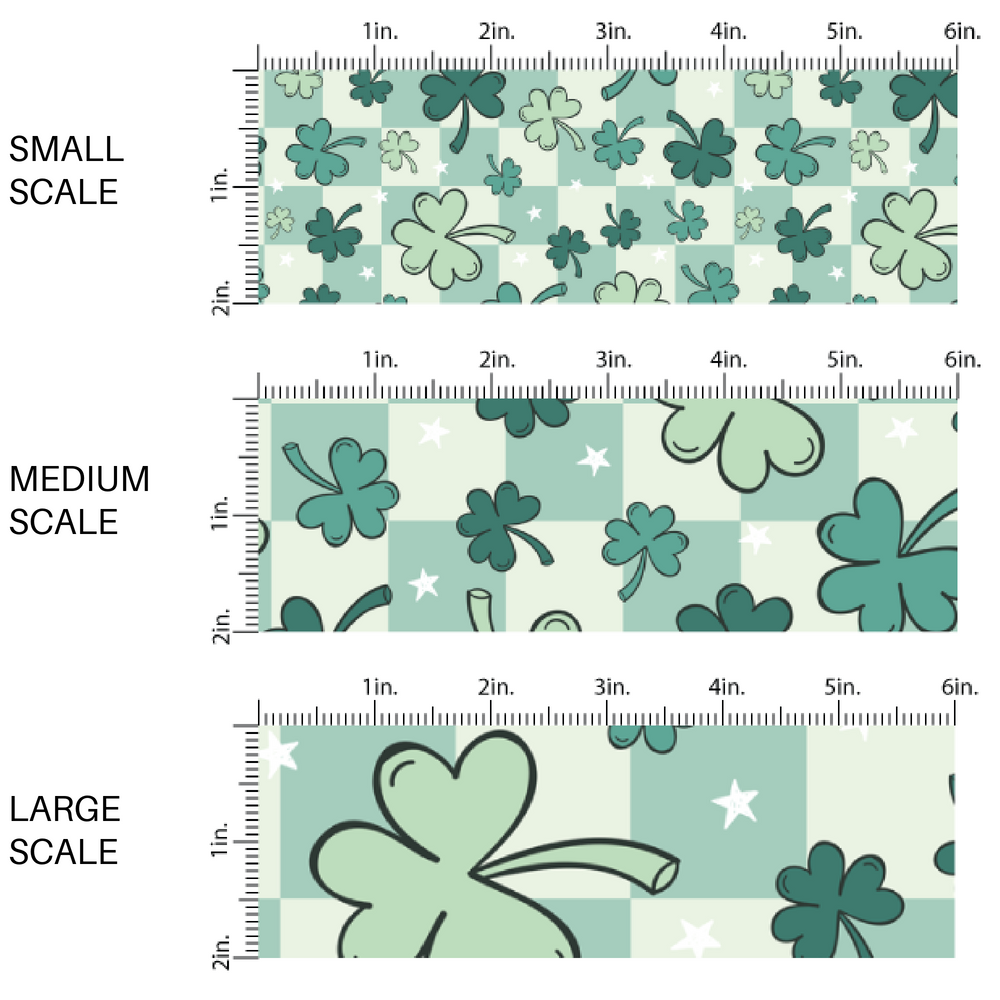 Green Shamrocks and Stars on Green Checkered Fabric by the Yard scaled image guide.