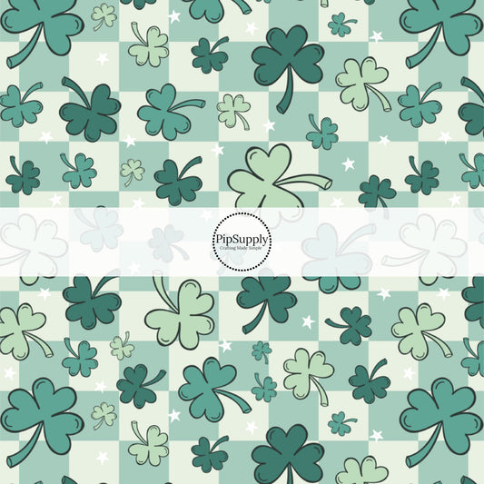 Green Shamrocks and Stars on Green Checkered Fabric by the Yard.